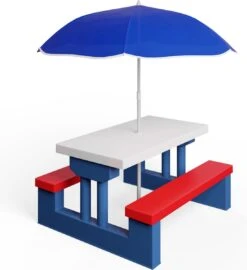 Merkloos Kinder Picknicktafel Met Parasol - Blauw -Outdoor Kampeeruitrusting Winkel 1097x1200 1