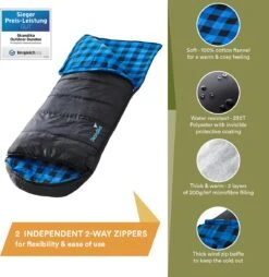Skandika Dundee Flannel-L Slaapzak – Mummmieslaapzakken – Slaapzakken Volwassen - Maat M – Unisex - Katoen, Luxe Kwaliteit, Dubbele Slaapzak, 3 Seizoenen, Tot -20°C - 220 X 80 Cm - Outdoor Kampeerslaapzak – Ritssluiting Links - Zwart/blauw -Outdoor Kampeeruitrusting Winkel 1168x1200 3