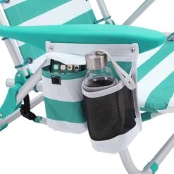 Strandstoel Met Afneembare Hoofdsteun, Draagbare Klapstoel, Campingstoel, Rugleuning Tot 180° Verstelbaar, Met Bekerhouder En Zijvak, Groene En Witte Strepen GCB62JW -Outdoor Kampeeruitrusting Winkel 1199x1200