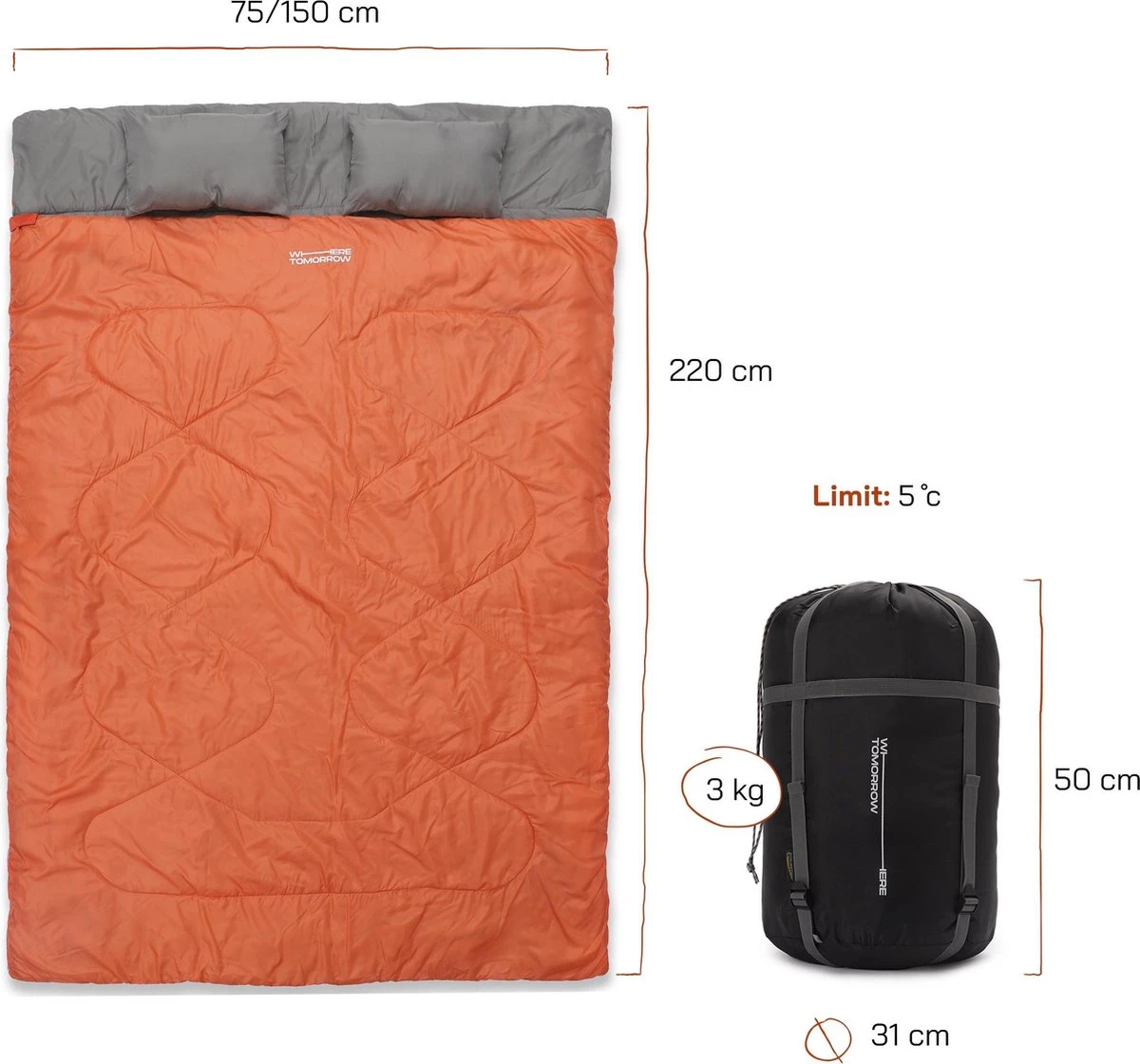 Where Tomorrow double slaapzak 220 x 150 cm diverse kleuren - oranje Where Tomorrow Double Slaapzak 220 X 150 Cm Diverse Kleuren - Oranje -Outdoor Kampeeruitrusting Winkel 1200x1120 7
