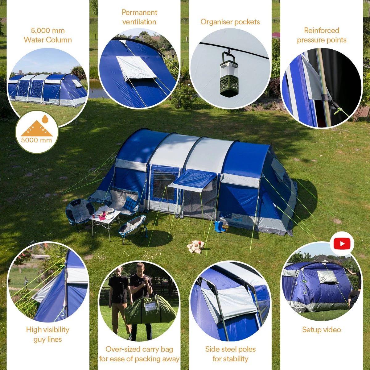 Skandika Montana 8 Sleeper Tent – Tunneltent – 8 persoons familietent - Campingtent – Sleeper technology (2 tot 4 extra donkere slaapcabines) – Ingenaaide tentvloer - Muggengaas – 700 x 310 x 200 cm (LxBxH) – 5000mm waterkolom – Kamperen – blauw/wit Skandika Montana 8 Sleeper Tent – Tunneltent – 8 Persoons Familietent - Campingtent – Sleeper Technology (2 Tot 4 Extra Donkere Slaapcabines) – Ingenaaide Tentvloer - Muggengaas – 700 X 310 X 200 Cm (LxBxH) – 5000mm Waterkolom – Kamperen – Blauw/wit -Outdoor Kampeeruitrusting Winkel 1200x1199 10