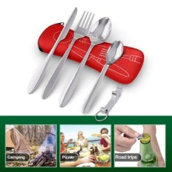 Roestvrij Staal Bestek (kampeerset) – Draagbare Reislepels, -vork En -mes Voor Festivals, Camping Of Trektochten - Wordt Geleverd Met Een Neopreen Draagtasje Met Een Lichtgewicht Flesopener -Outdoor Kampeeruitrusting Winkel 1200x1200 1669