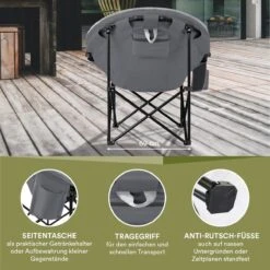 Skandika Moonchair Sirkka – Campingstoelen – Klapstoel – Vouwstoel – Kampeerstoel - Grote, Comfortabele, Campingstoel Opvouwbaar, Gepolsterd, Koelvak, Drinkhouder, Draaggreep En Draagtas, Antislipvoetjes - Max. 150 Kg – Zwart/grijs -Outdoor Kampeeruitrusting Winkel 1200x1200 220
