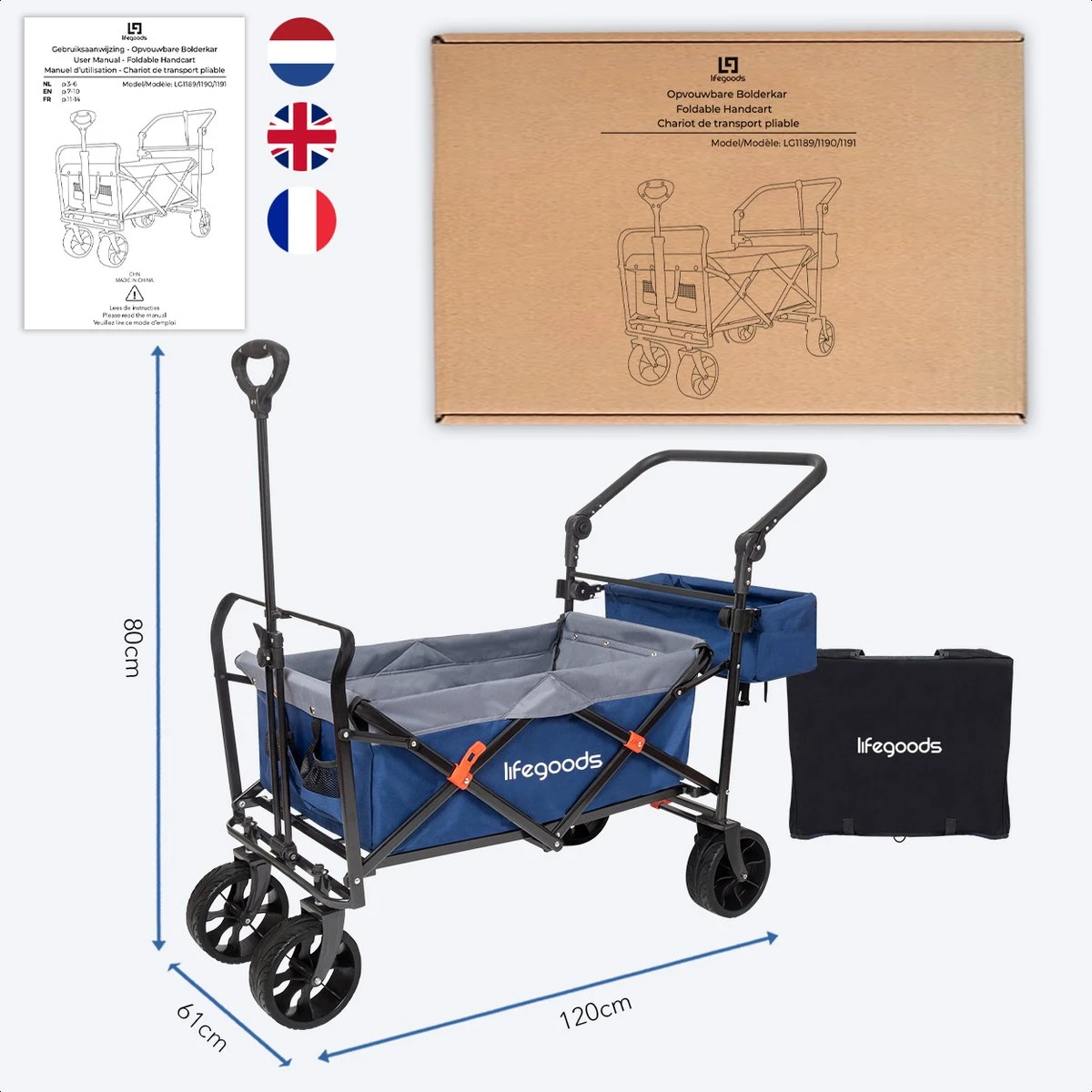 LifeGoods Bolderkar - Opvouwbaar - tot 120KG - 103L - Extra Draagtas en Duwstang - Wasbaar Polyester - 98x45cm - Blauw/Grijs LifeGoods Bolderkar - Opvouwbaar - Tot 120KG - 103L - Extra Draagtas En Duwstang - Wasbaar Polyester - 98x45cm - Blauw/Grijs -Outdoor Kampeeruitrusting Winkel 1200x1200 831